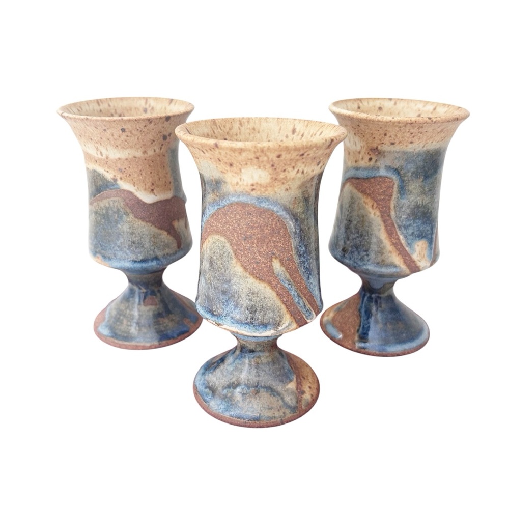Artisan Earth-tone Pottery Goblet Set of Three Handcrafted